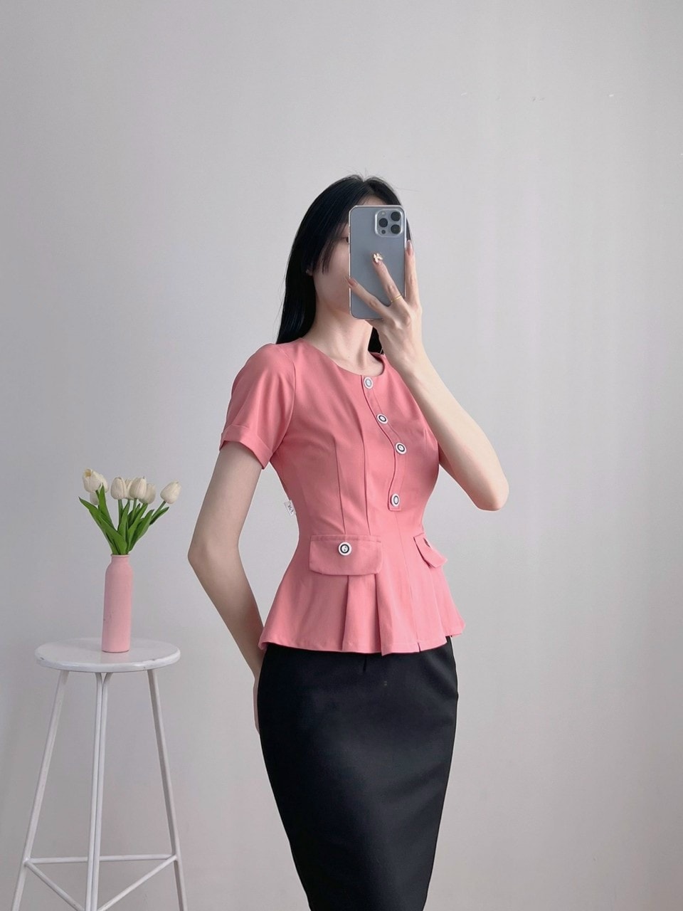 Áo kiểu peplum công sở xếp ly eo phối túi giả siêu xinh - A56160 - hàng thiết kế cao cấp