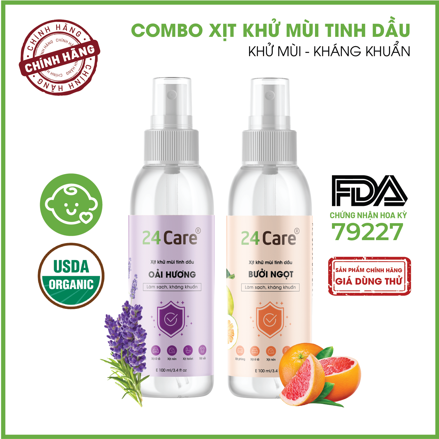 Combo 2 Tinh dầu Xịt phòng Bưởi + Oải Hương Hữu Cơ Organic 24Care 100ML/Chai - Có giấy Công bố của Bộ Y Tế