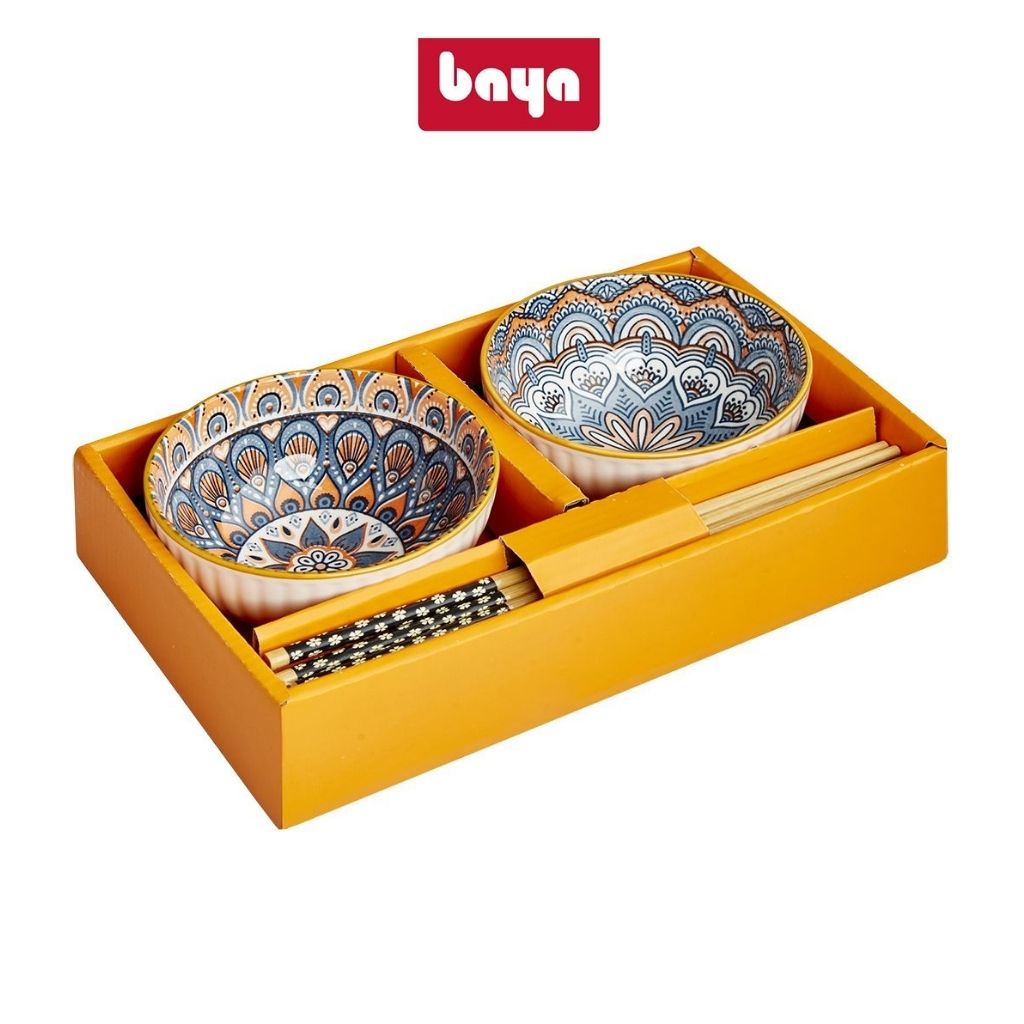 Bộ bát gốm kèm đũa BAYA SUN FLOWER tặng hộp đựng quà sang trọng, họa tiết thổ cẩm cao cấp 7300174, 7300172, 7300173