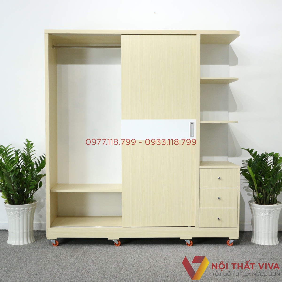 Tủ Áo Cửa Lùa Có Kệ Trang Trí Gỗ MDF Màu Vàng Chỉ Trắng