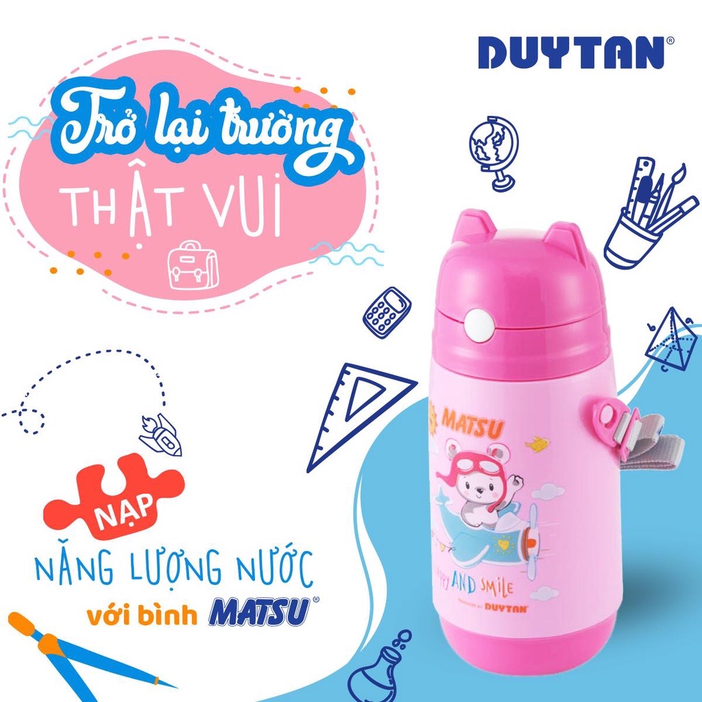 Bình Nước Học Sinh MATSU 400ml Nhựa Có Ống Hút Tặng Dây Đeo Bé Trai Bé Gái