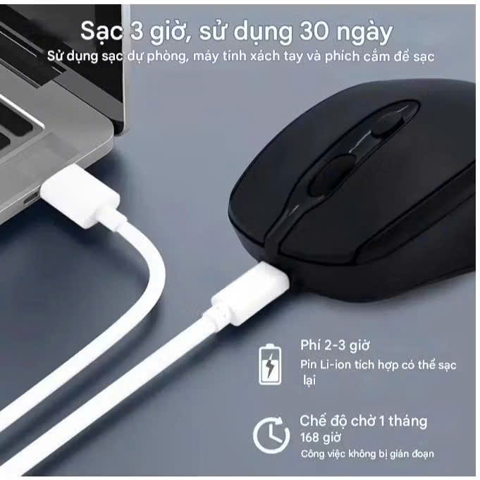Chuột Không Dây Sạc Pin Click Siêu Tĩnh Âm 2 Chế Độ Bluetooth 5.2 &amp; USB 2.4G, 3 Mức DPI KẾT NỐI ĐIỆN THOẠI IPAD LAPTOP - Hàng chính hãng