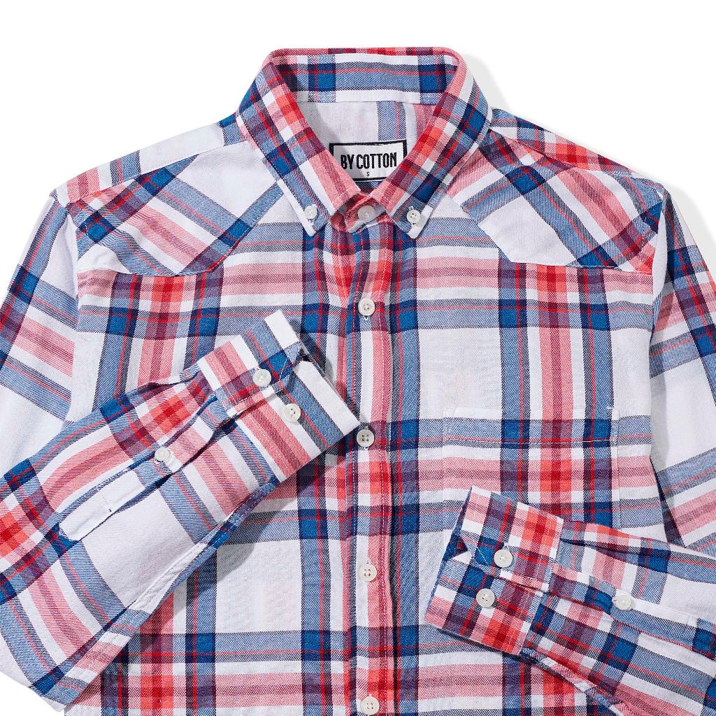 Áo Sơ Mi Nam Dài Tay Phối Sọc BY COTTON Red Blue Checked 1022