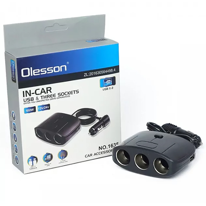 Bộ Chia Tẩu Sạc Dành Cho Xe Ô Tô 3 Cổng Tẩu & USB Model 1635 IN-CAR OLESSON