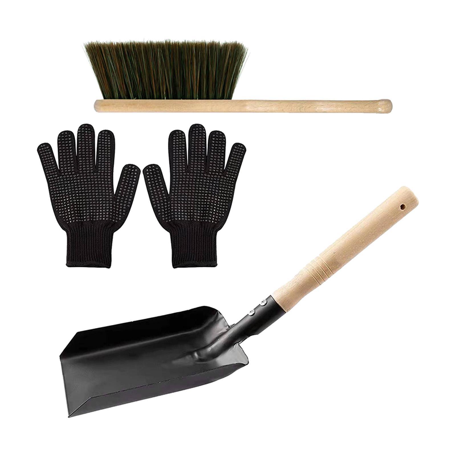 Fire Fireplace Tools Metal Silicone Gloves, Accessories,Fireplace Broom Steel Spade and Ash Brush Set for Dust Cleaning
