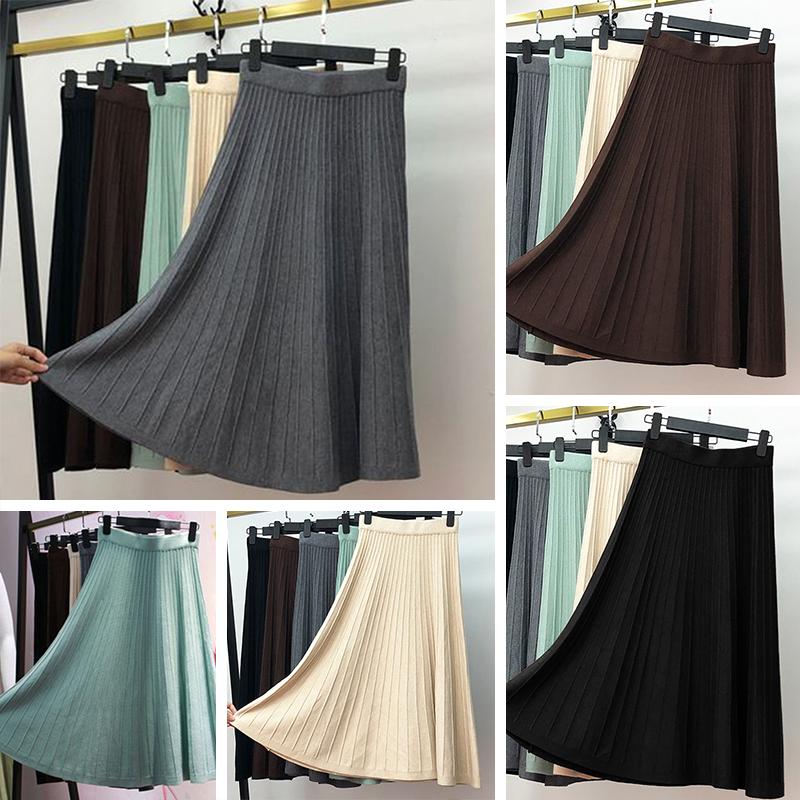 Women Knitted Skirt Solid Color High Waist Ribbed Pleated A-Line Spring Autumn Elegant Vintage Street Wear