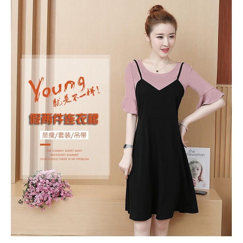 ĐẦM THUN LIỀN PHỐI MÀU TAY LOE DÁNG XÒE