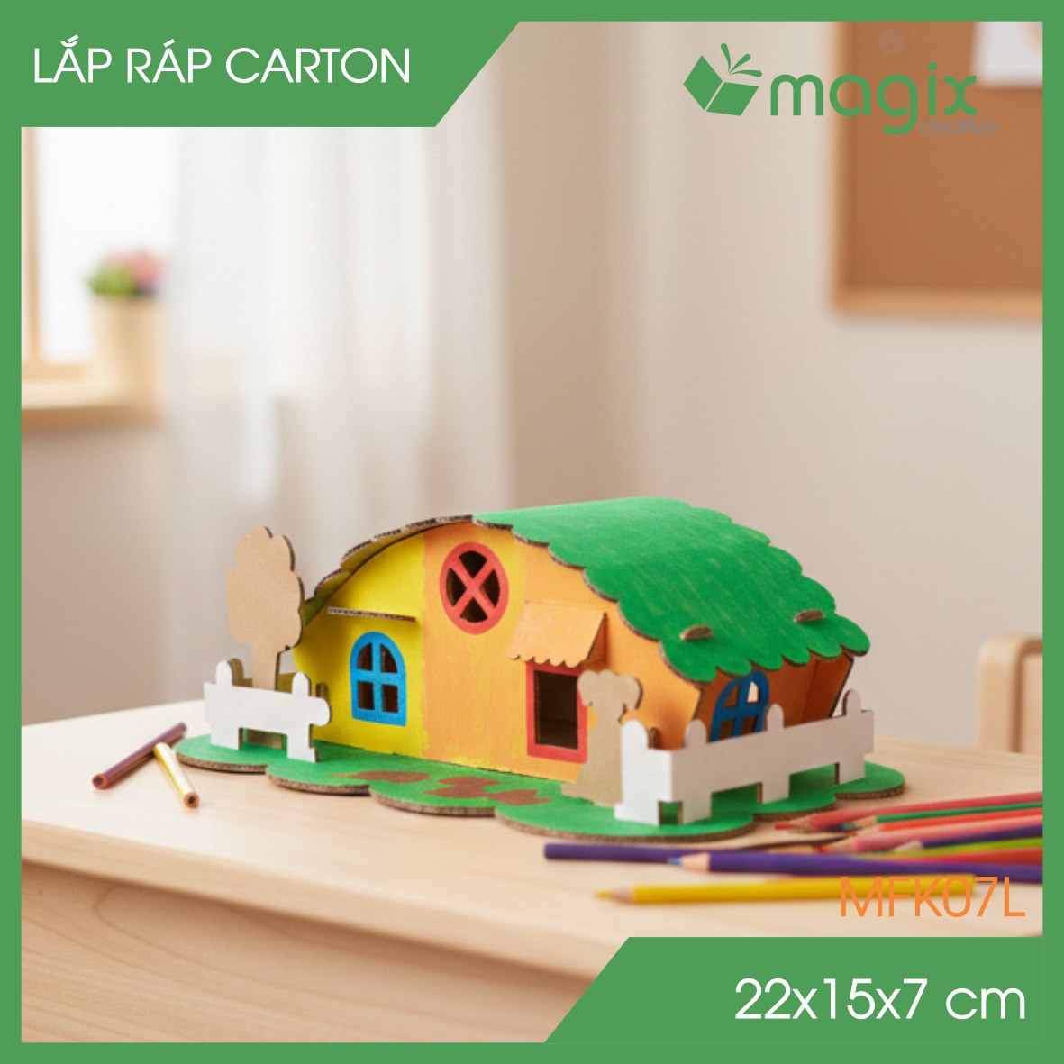 MFK07L - 22x15x7 cm - Mô hình ngôi nhà lắp ráp từ bìa carton cao cấp, nhà giấy carton mini sáng tạo