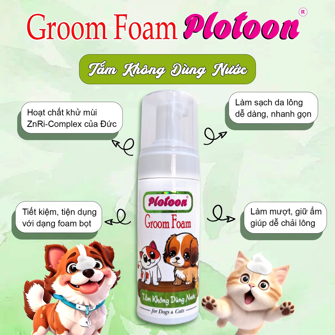 Groom Foam Plotoon - Pump bọt chuyên dùng làm sạch da lông cho Chó Mèo, không cần sử dụng nước