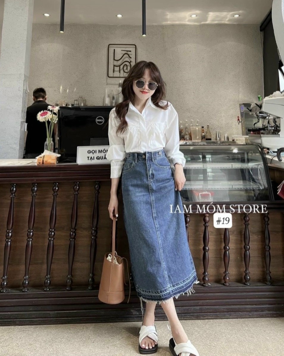 CHÂN VÁY JEAN DENIM DÀI SUÔNG TRƠN
