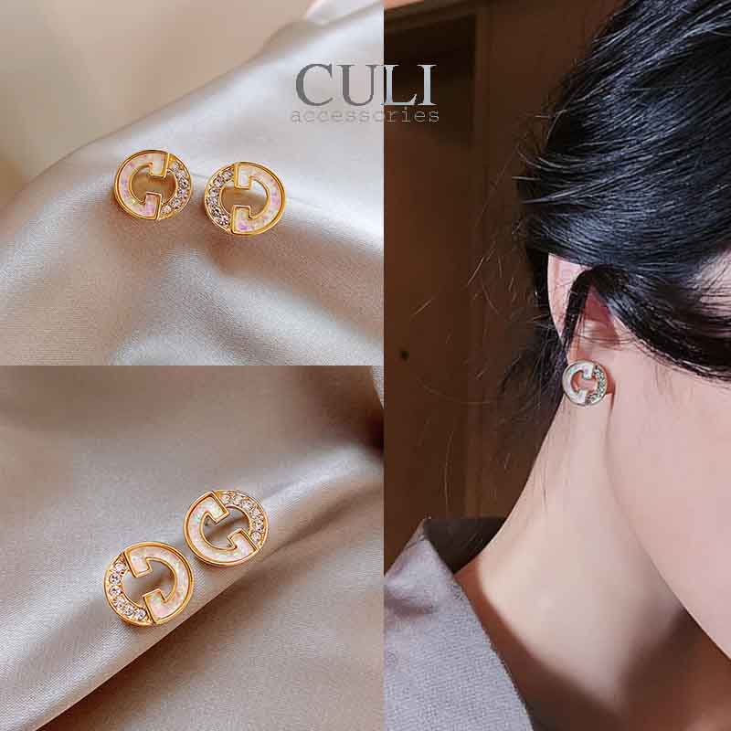 Khuyên tai bạc S925, khoen tròn đính đá, phối xà cừ sang trọng HT665 - Culi accessories