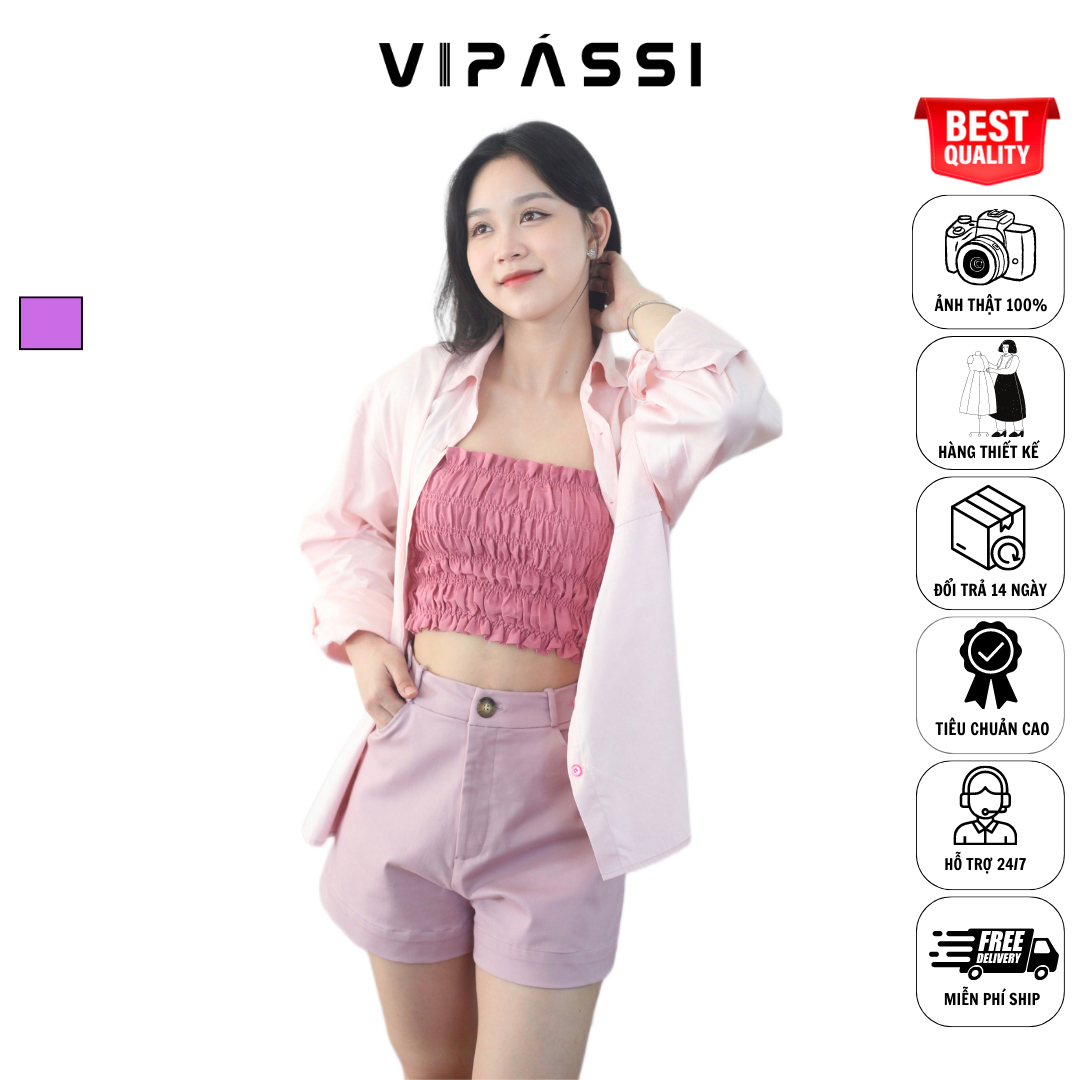 VIPÁSSI Áo Hai Dây Cotton Ôm Body Ngắn Ngang Eo Nhún Thun Smocking Hồng