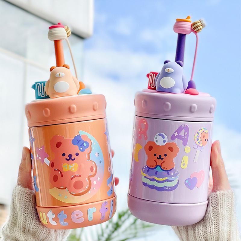 370Ml Gấu Giữ Nhiệt Bình Nước Có Ống Hút Dán Thép Không Gỉ Cách Nhiệt Nóng Cốc Uống Nước Quà Tặng Sinh Nhật Cho Trẻ Em con Trưởng Thành