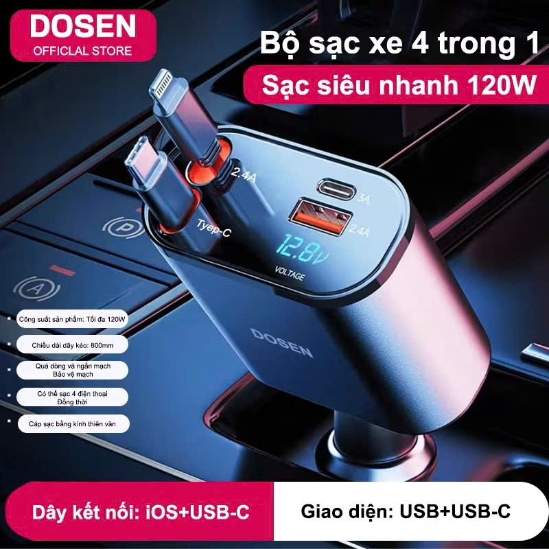 Tẩu Sạjc Ô Tô Siêu Bền 120W – 4-in-1 Sạc Cực Nhanh, Màn Hình Hiển Thị Vôn, đèn trang trí
