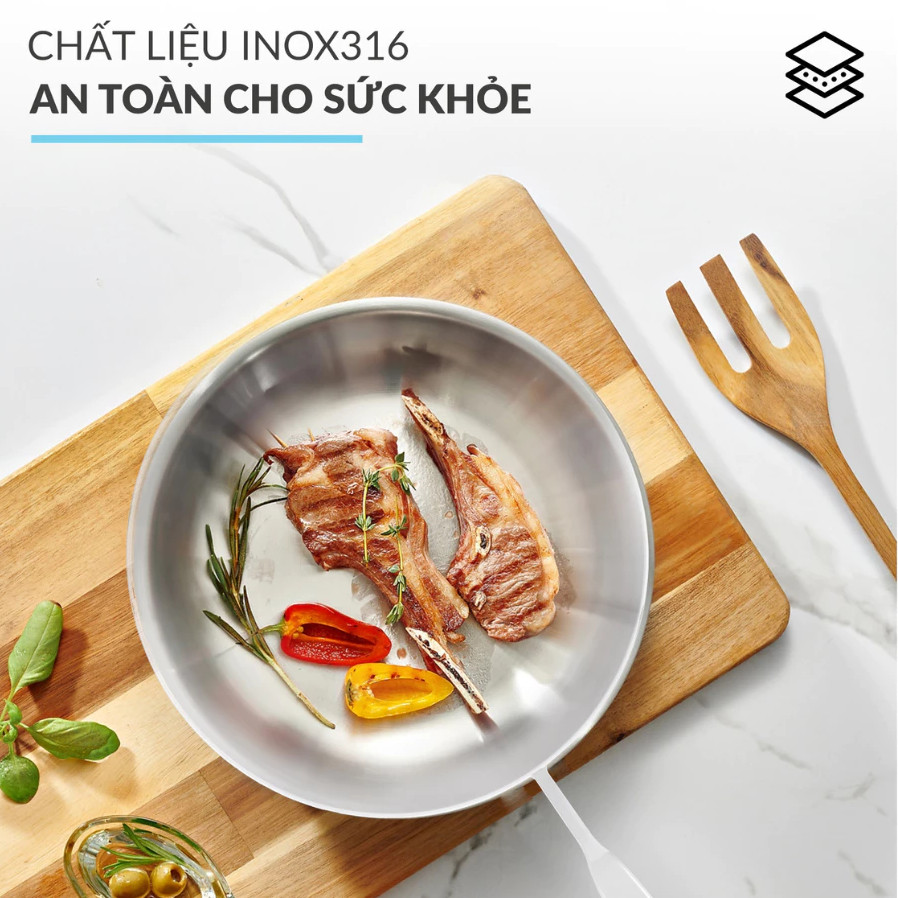 Chảo Sâu Lòng 24cm Inox 316 Nguyên Khối 3 Lớp Haatz HYP24, Dùng Cho Mọi Loại Bếp - Hàng Chính Hãng