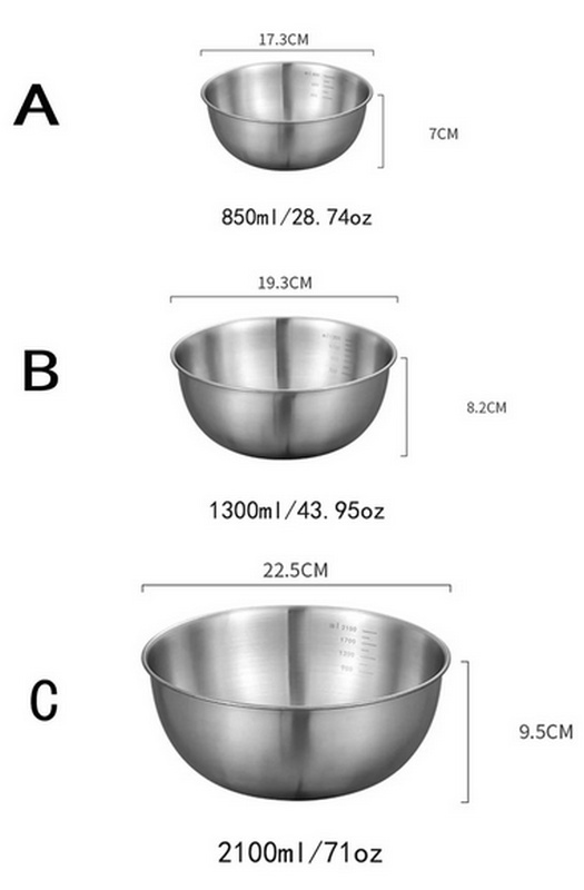 Bộ 3 Tô Inox 304 3 Size 16cm 19cm 24cm Có Chia Vạch Định Lượng Tiện Lợi