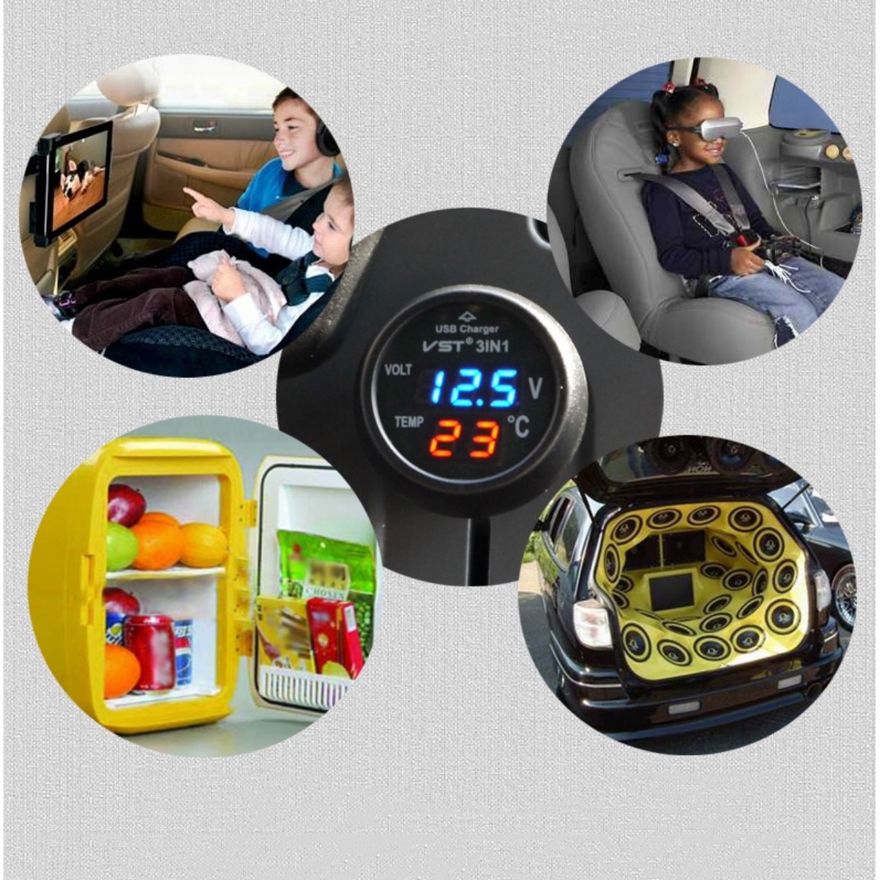 Tẩu sạc điện thoại ô tô 3in1 kèm đồng hồ đa năng báo nhiệt độ báo vôn ắc quy loại tốt mẫu mới