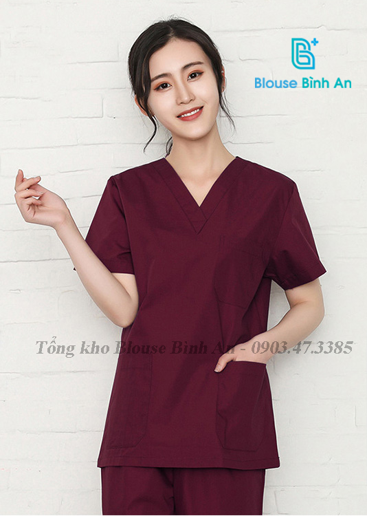 Bộ Blouse/Scrubs Đỏ Đô dành cho Y Tế - Spa Vải cotton lạnh hàn quốc cao cấp - Blouse Bình An