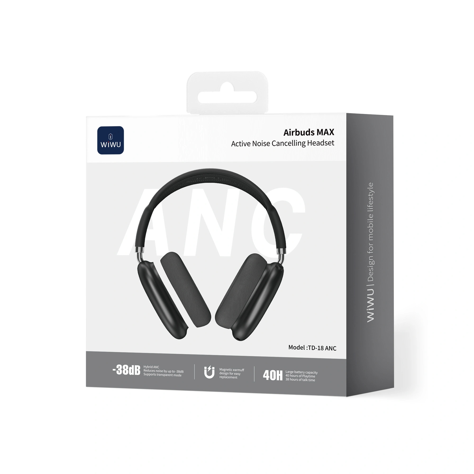 Tai nghe chụp tai bluetooth 6.0 chống ồn chủ động SonicMax ANC cao cấp WIWU Airbuds MAX TD-18 -38dB | Driver 40mm | Pin 40 Giờ | Earcups Xoay 360 | Headband Thoáng Khí - hàng nhập khẩu