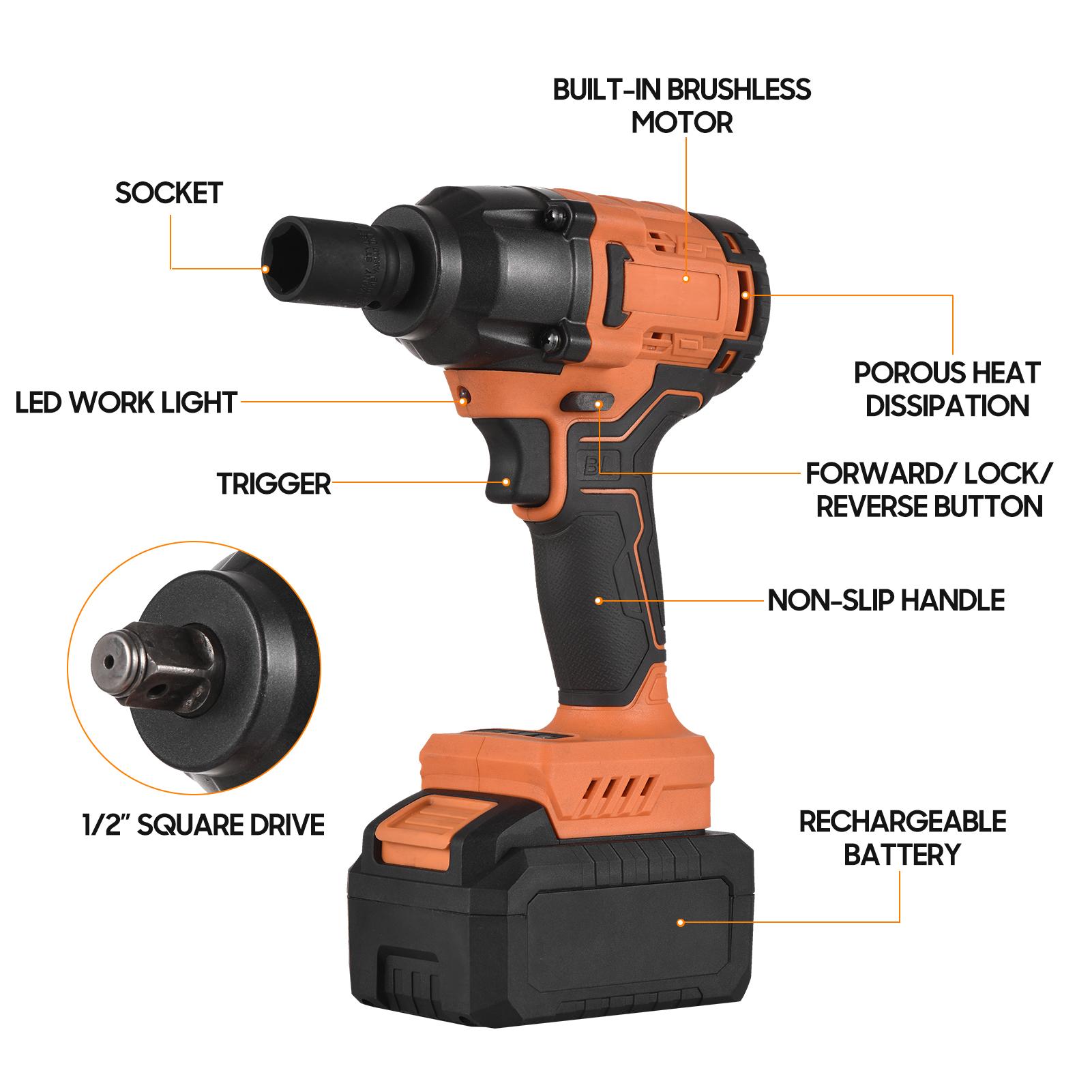 20V Cordless Brushless Impact Wrench with 1/2in Chuck Variable Speed 420N.m Torque Handheld Power Wrench with 4 Sockets 3.0Ah Lithium Battery Fast Charger for Removing Nuts Bolts Auto Repair