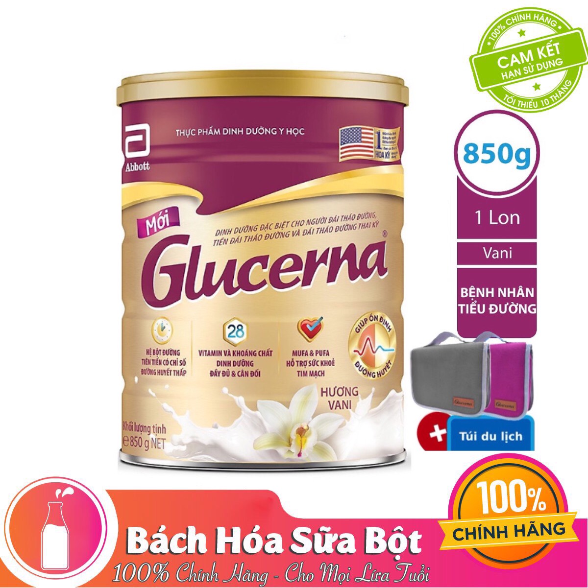 Sữa Bột Abbott Glucerna GLVLA Dành Cho Người Đái Tháo Đường Và Tiền Đái Tháo Đường (850g) - Tặng 1 Túi Du Lịch Tiện Lợi (Xám hoặc Hồng)