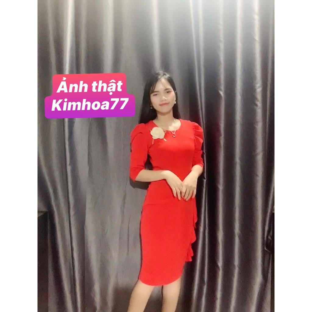 Đầm body dự tiệc phối bèo 1 bên đính hoa ở ngực cổ tròn tay lửng chất umi 2 màu đỏ và hồng Kimhoa77