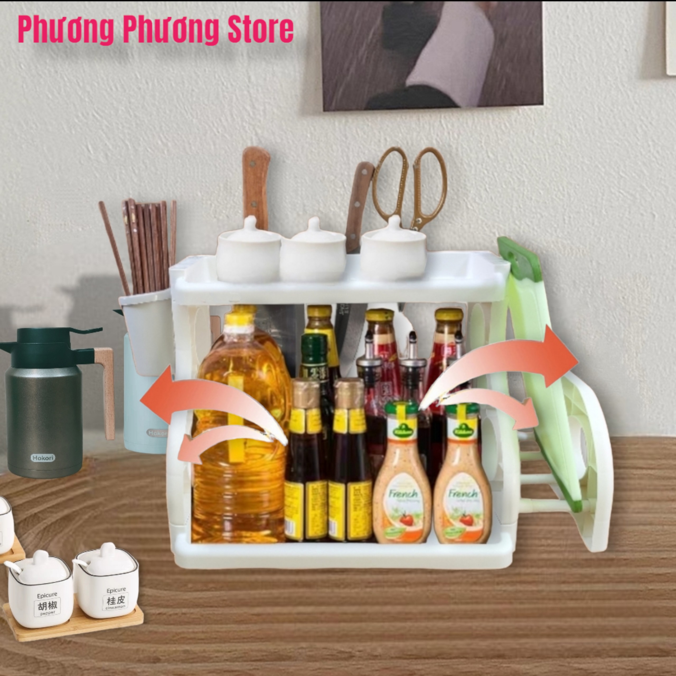 Kệ Gia Vị 2 / 3 Tầng Để Bàn Đa Năng Cao Cấp, Có Khe cắm Dao Để Thớt Và Giỏ Đựng Đũa