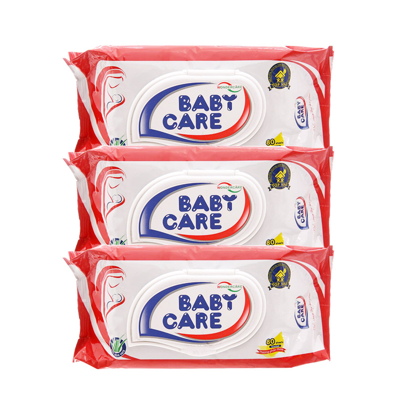 Combo 3 Gói Khăn Ướt Baby Care 80 Tờ - Hương Phấn Dịu Nhẹ, Tinh Chất Lô Hội Dưỡng Da