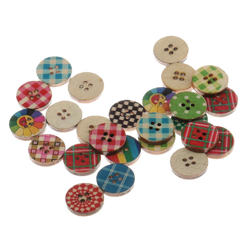 100 Pieces 15mm Colorful Mixed Pattern Round 2 Holes Wood Buttons for DIY Sewing