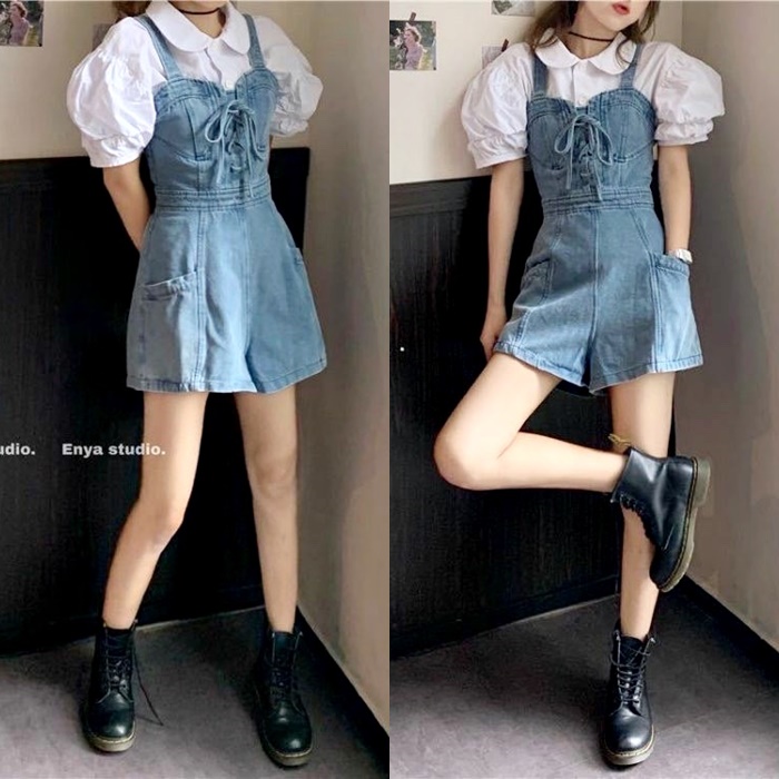 ĐẦM JUMPSUIT GIẢ VÁY NGẮN SET QUẦN YẾM 2 DÂY CỔ U ỐNG RỘNG JEANS DÂY ĐAN NGỰC + ÁO SƠ MI TRẮNG TAY NGẮN ĐI TIỆC DẠO PHỐ ĐI CHƠI