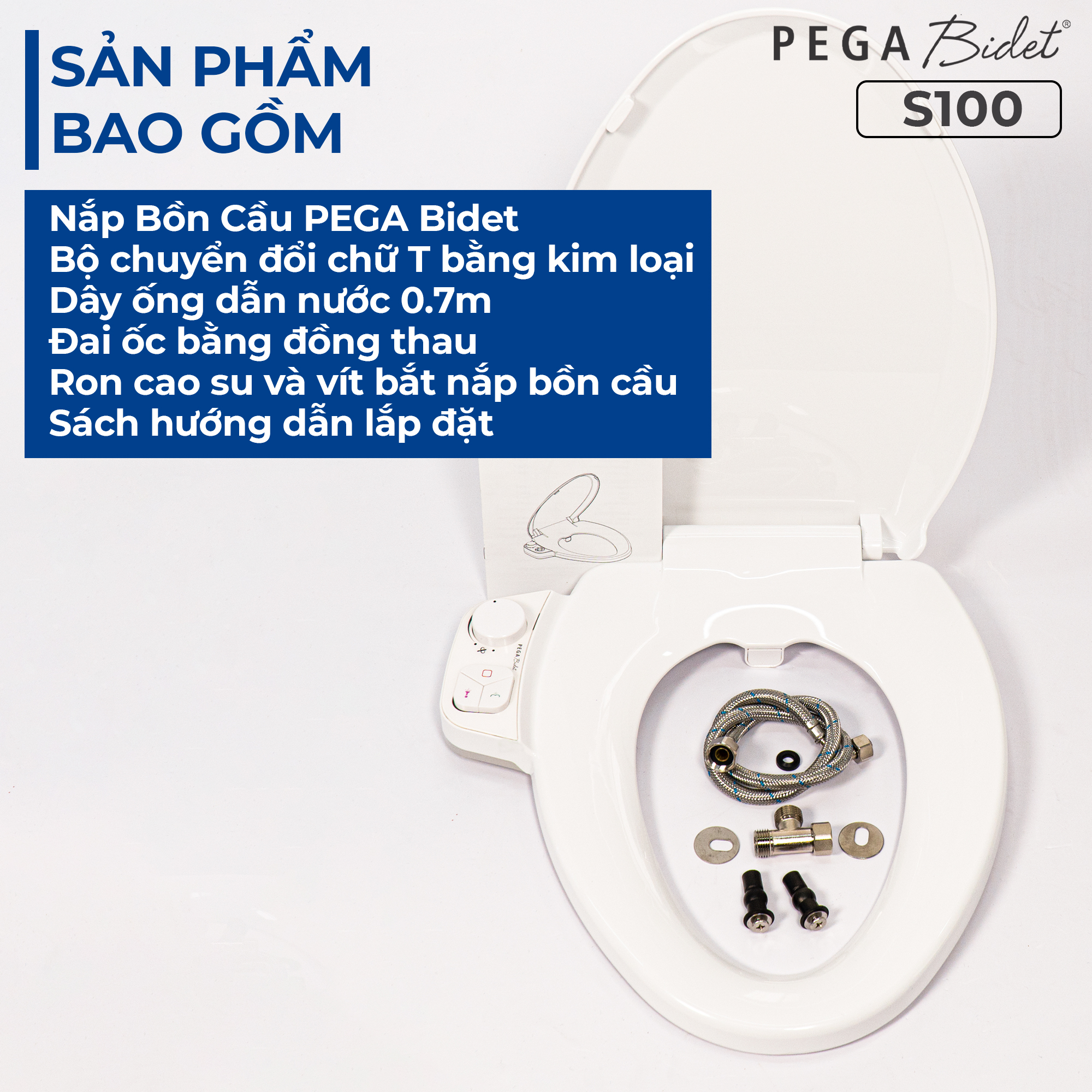 Nắp bồn cầu thông minh PEGA Bidet S100, 2 vòi rửa cho nam và vệ sinh cho phụ nữ, không dùng điện, hoạt động bằng áp lực nước - bán chạy tại Mỹ