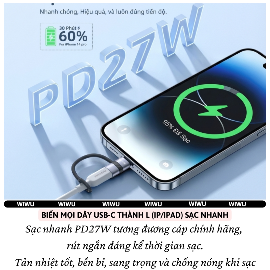 Adapter OTG chuyển đổi WIWU Legend USB-C to L(iP)  và L(iP) to Type-C Sạc nhanh PD 27W USB 3.0 Tốc Độ Cao, Chip Kép Thông Minh, Mini Chống Thất Lạc - Hàng nhập khẩu