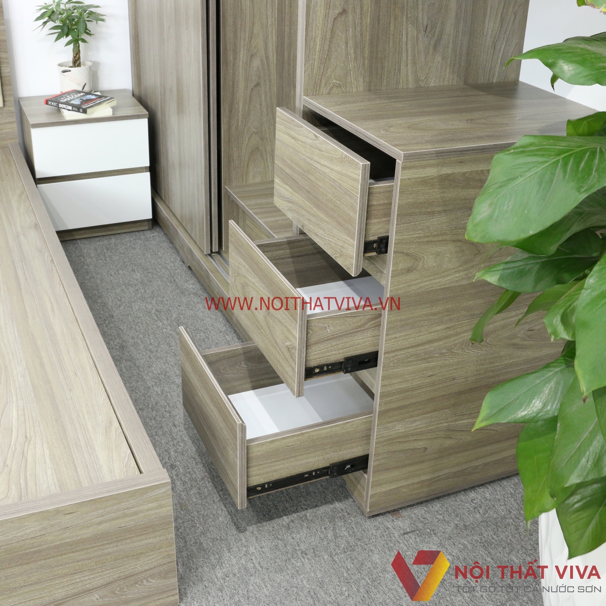 Bộ Combo Phòng Ngủ Tủ Kịch Trần Gỗ MDF Màu Xám Phối Trắng Cao Cấp Đẹp