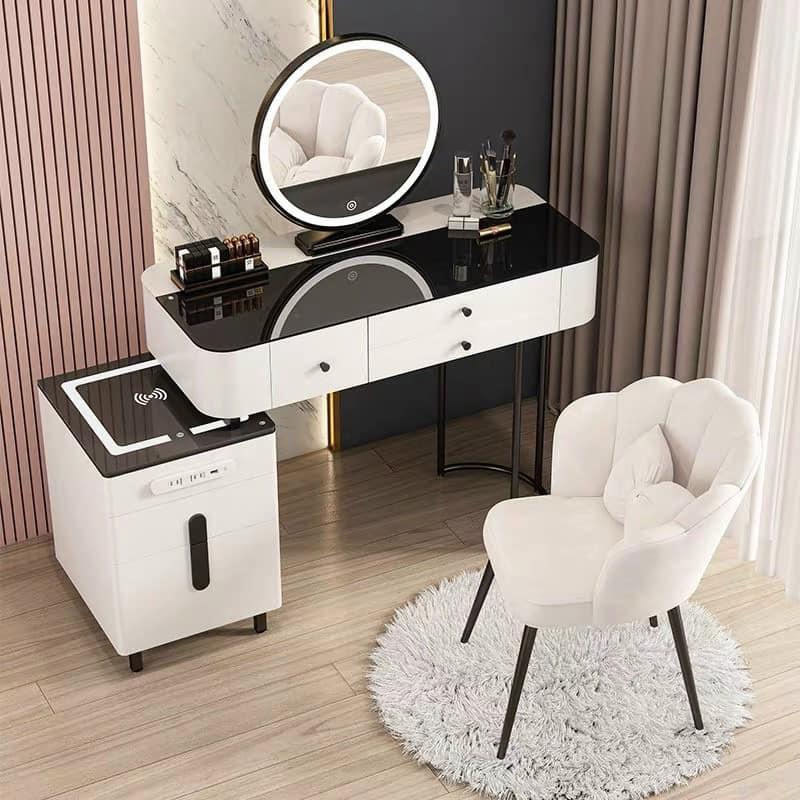Bàn trang điểm gương đèn led cảm ứng kèm tủ tab sạc không dây kết hợp đèn ngủ