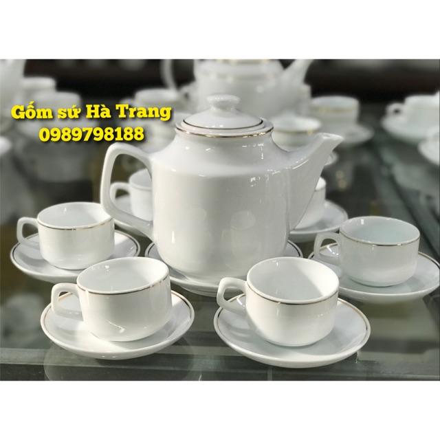 Bộ ấm chén Bát Tràng cao cấp Men trắng kẻ chỉ vàng kim