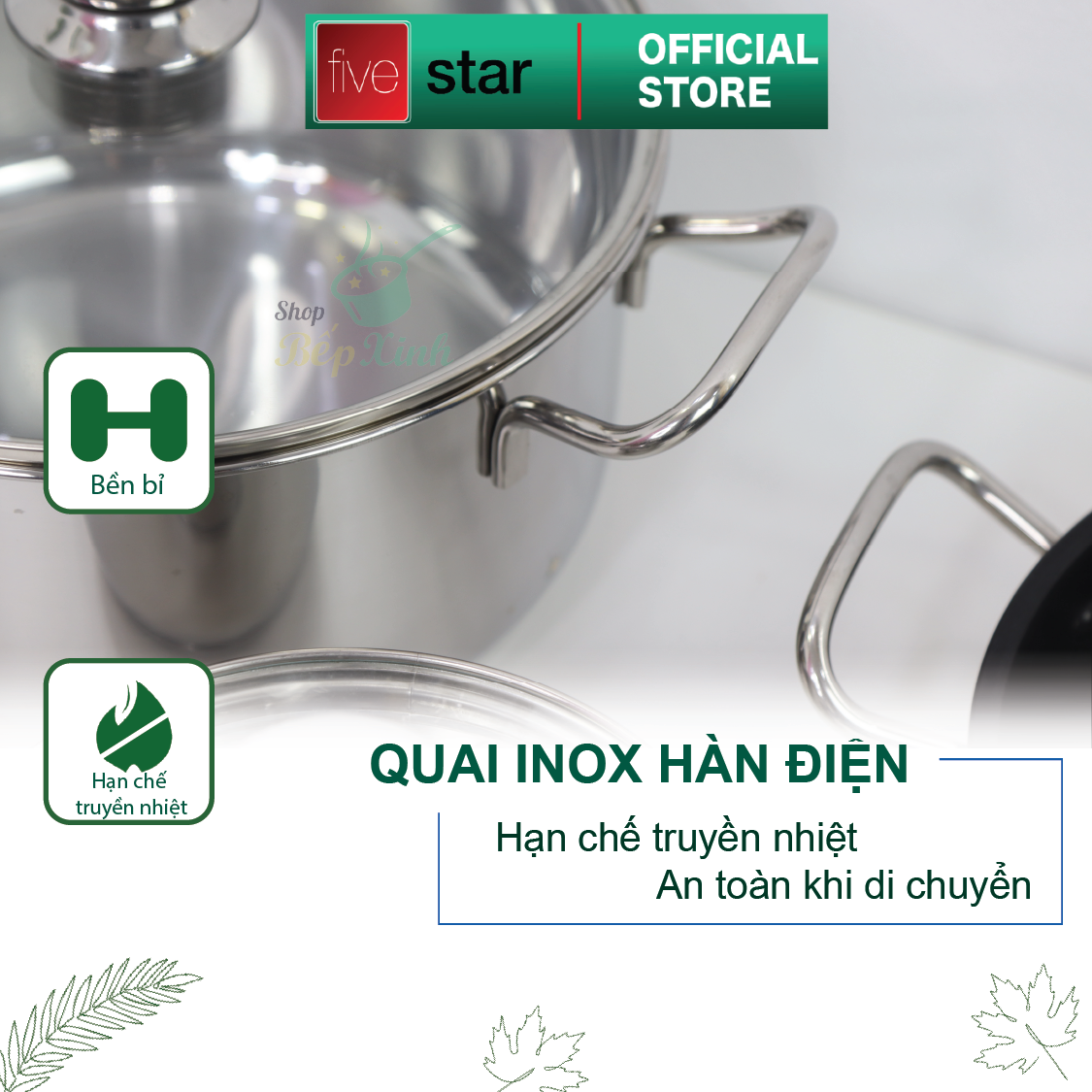 Bộ Nồi 5 Đáy Cao Cấp Bếp Từ Fivestar FSB55D001 Nắp Kính Inox 430 , tặng 1 vá canh