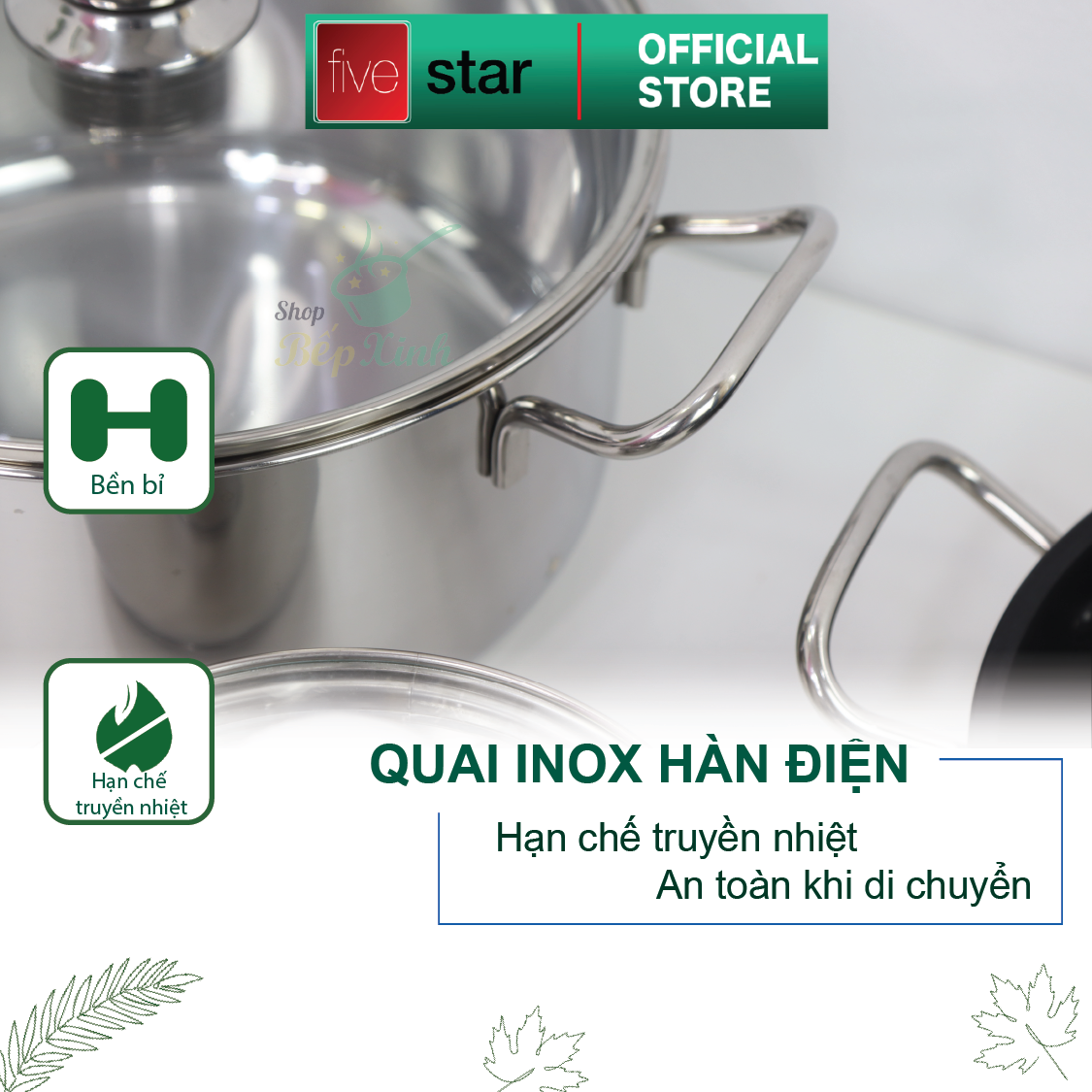 Bộ Nồi 5 Đáy Cao Cấp Bếp Từ Fivestar FSB55D001 Nắp Kính Inox 430 ( 1 quánh16cm x N18cm x N20cm x N24cm x C 24cm ) , tặng 1 vá canh