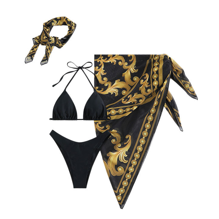 Set Bikini xốp 3 món áo óng tay phồng quần tam giác kèm khăn quấn