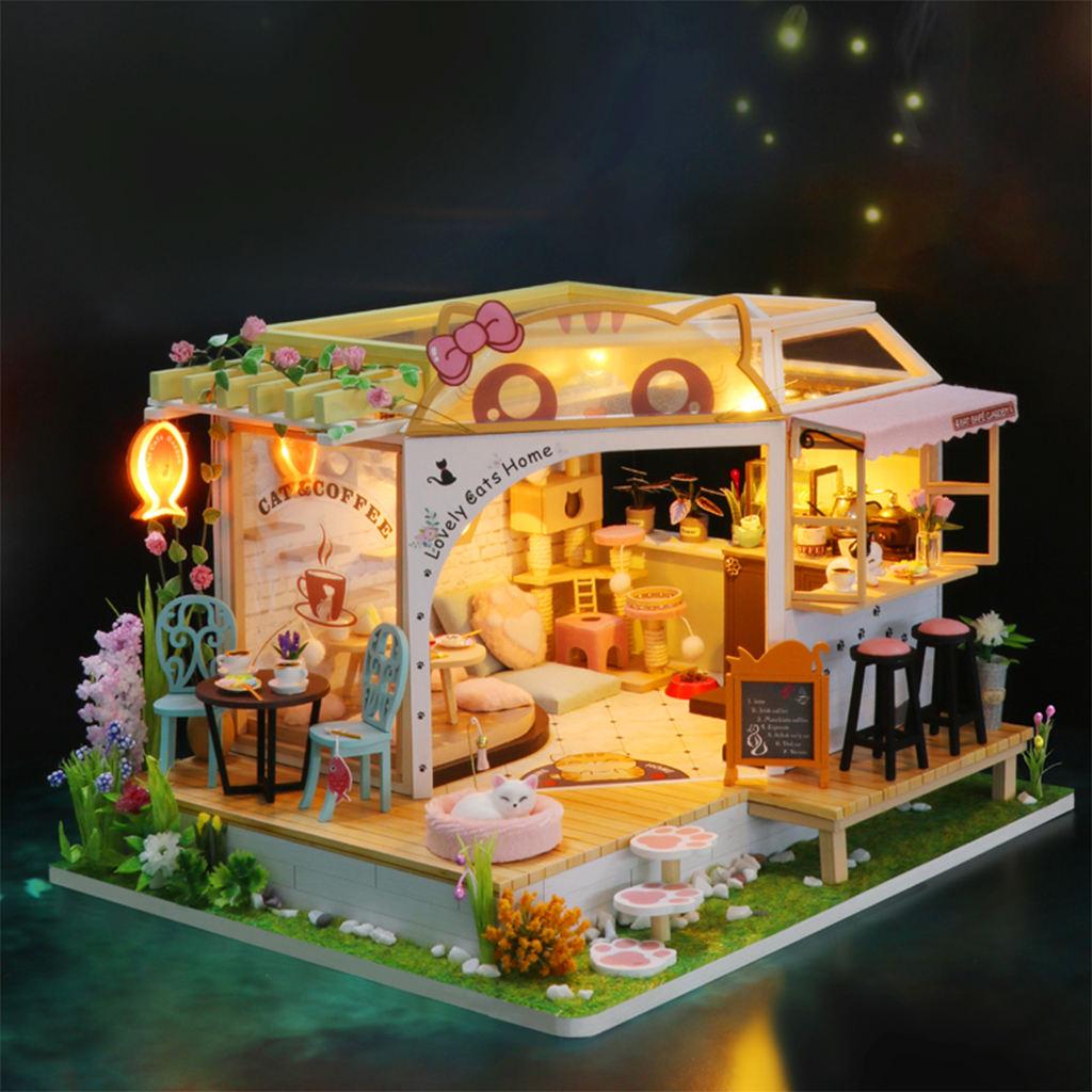 DIY Creative Dollhouse Cat Coffee Shop Kit LED Light Wooden 3D Puzzles