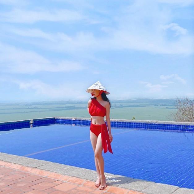 Bikini, bộ bơi áo lệch vai phối khoen vuông, quần nơ dài, phong cách Hy Lạp - EVA shop