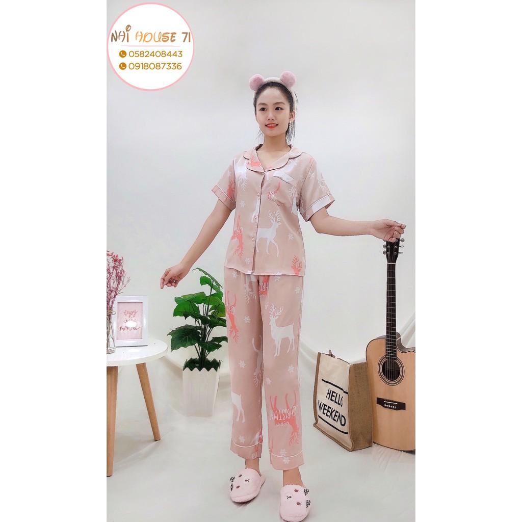 Bộ lụa Pijama NHIHOUSE71 Bộ Quần Dài Tay Ngăn Lụa Satin In Chú Tuần Lộc Noel Dễ Thương