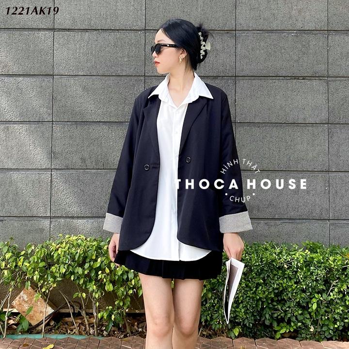 Áo khoác vest công sở blazer Hàn Quốc 2 lớp tay áo phối kiểu caro THOCA HOUSE đen, nude trưởng thành
