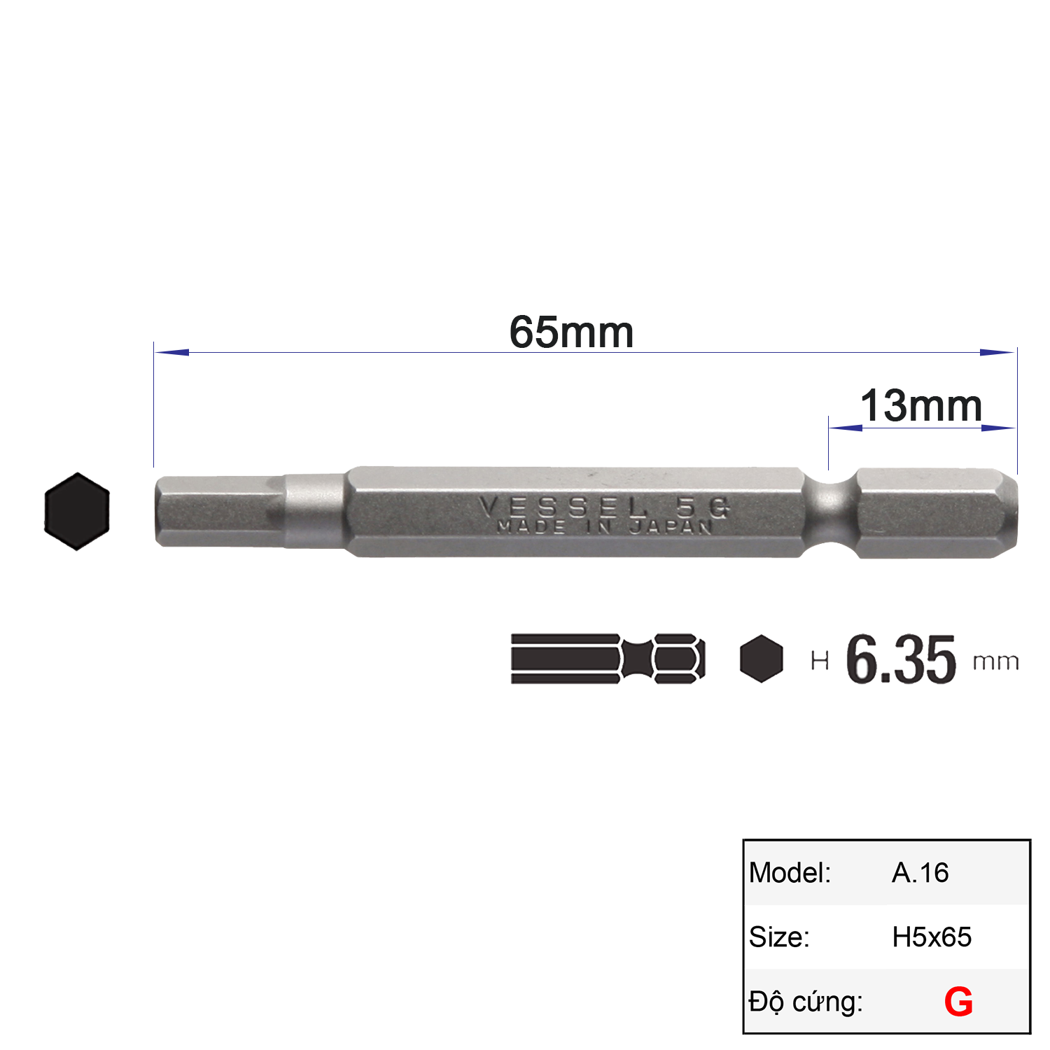 Mũi vặn vít đầu lục giác H5 chuôi lục giác H = 6,35 Vessel (Nhật Bản)