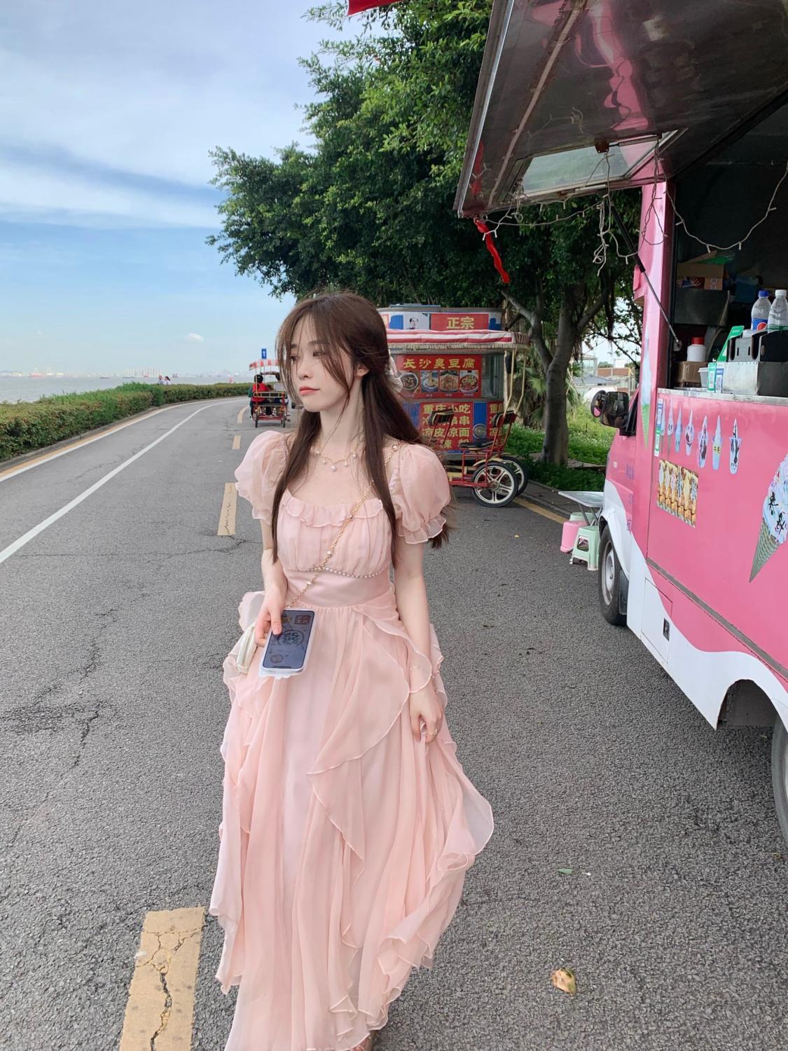 SHUANGYAN Phong cách Pháp cổ vuông nhẹ nhàng Fairy Wind Dress cho phụ nữ mùa hè 2023 Thắt lưng cho phụ nữ