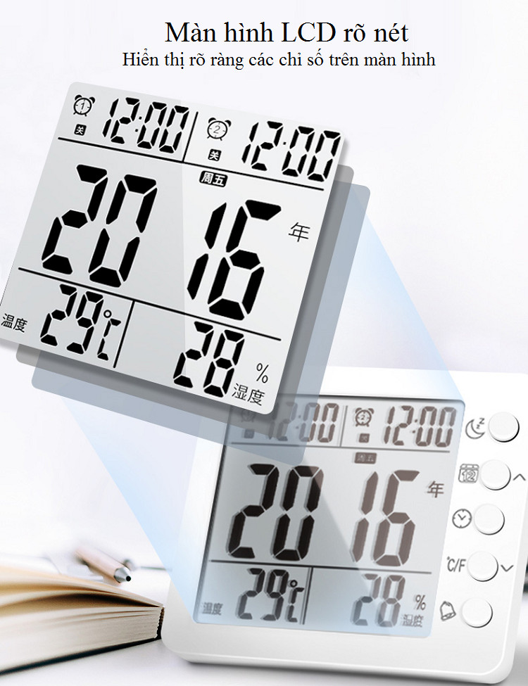 Máy đo nhiệt độ, độ ẩm để bàn thông minh tích hợp đồng hồ báo thức đa năng M10 ( TẶNG KÈM MÓC KHÓA TUA VÍT 3 TRONG 1 ) 