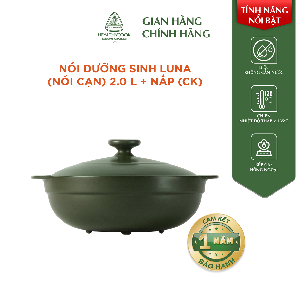 Nồi dưỡng sinh Luna (Nồi cạn) 2.0 L + nắp (CK)  Healthy Cook Xanh Rêu Sứ cao cấp Minh Long