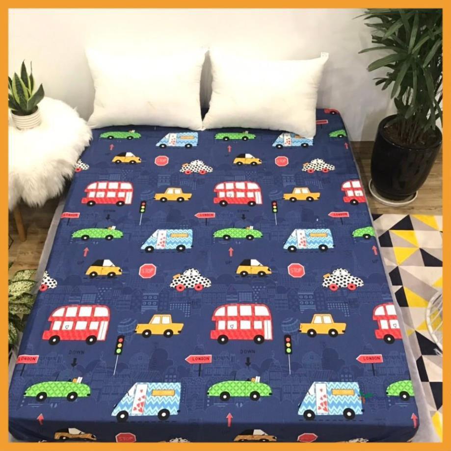 Bộ ga gối poly cotton m2 m6 m8 2m2 mẫu ô tô xanh