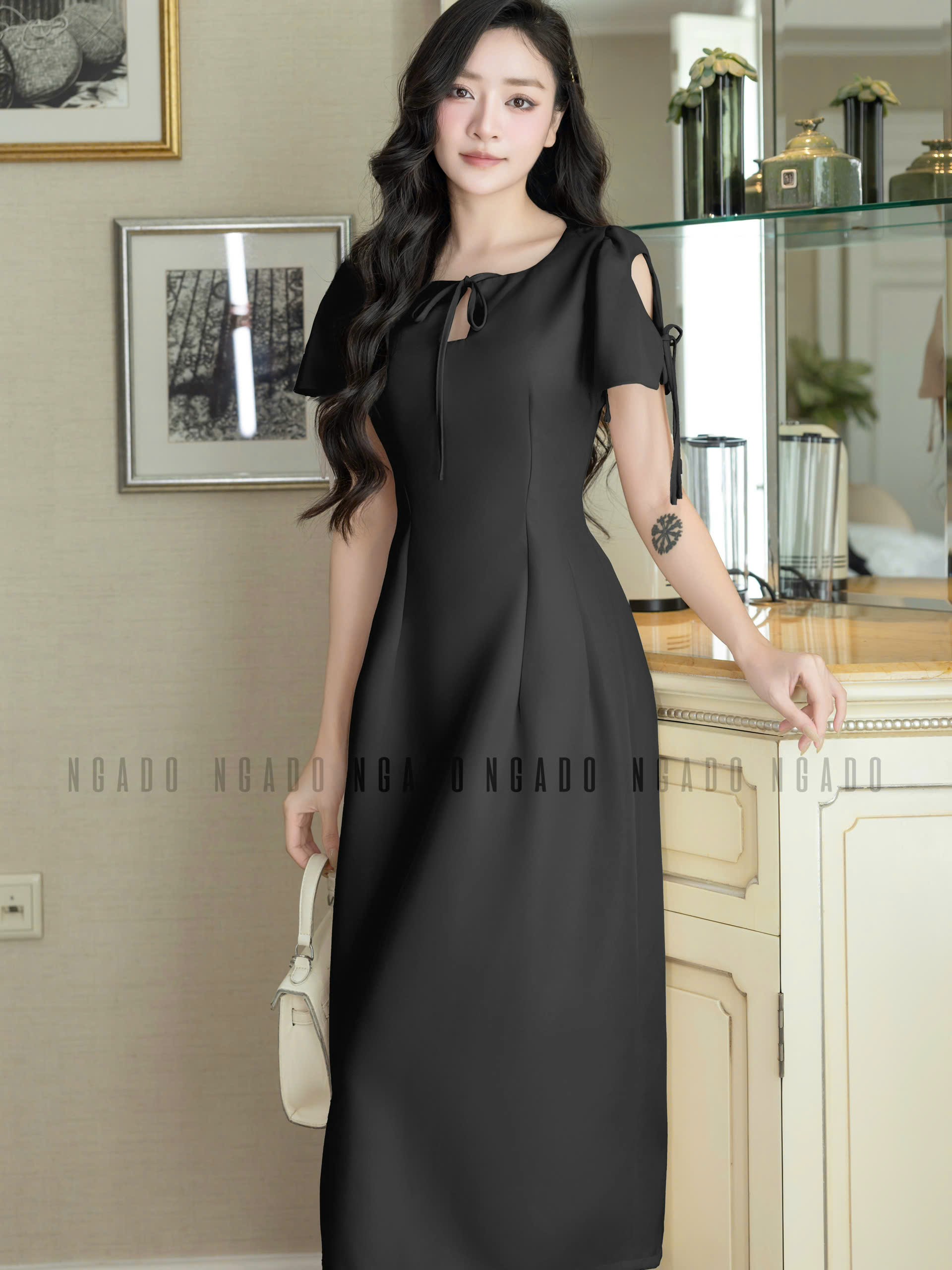 Đầm đen cổ giọt nước NGADO , đầm dáng dài , đầm dự tiệc