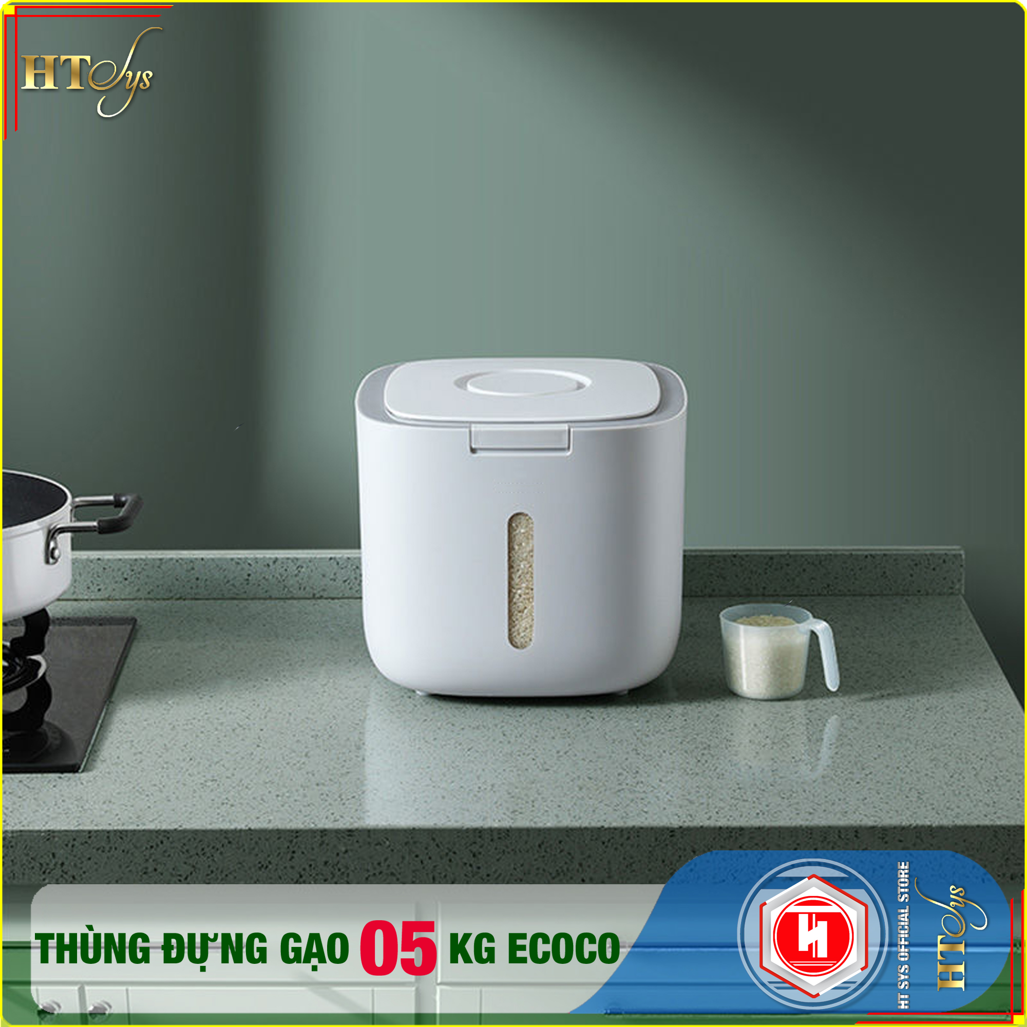 Thùng đựng gạo ECOCO-5KG-E2029-Thiết kế dạng nhấn nút-Chống kiến, chống ẩm, chống mọt-Chất liệu ABS cao cấp + 01 Sét móc vàng tài lộc + 04 Khăn Lau - [ Hàng Nhập Khẩu ]