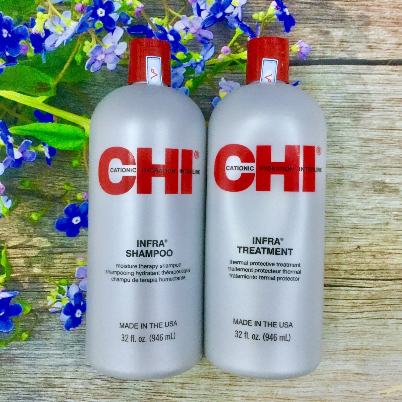 [+Tặng mũ trùm] Cặp dầu gội xả CHI Infra shampoo &amp; treatment siêu mượt cho tóc khô hư tổn (xám) Mỹ 946ml